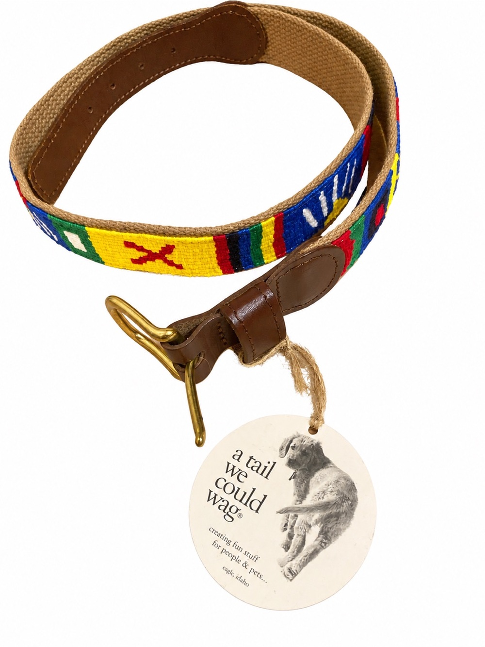 A Tail We Could Wag Hand-Beaded Multicolor Canvas Belt with Brown Leather Trim